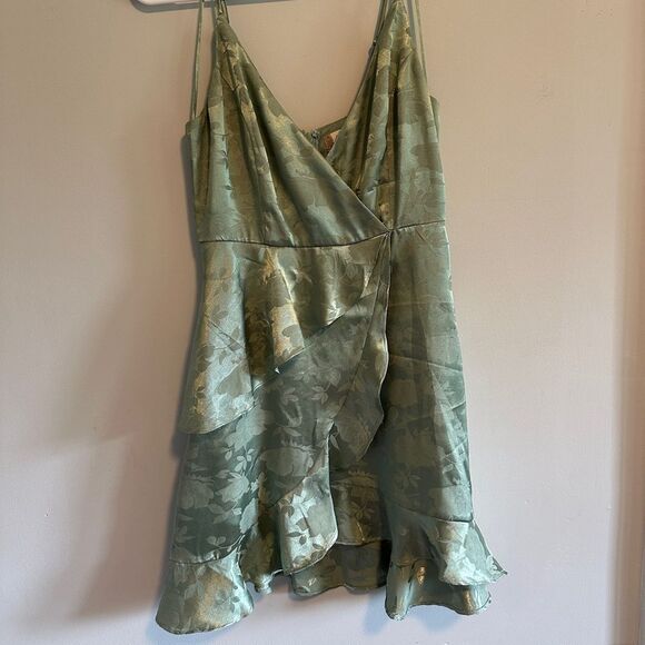Altar'd State Sage Green Satin Floral Strappy Mini Skirt A-Line Wrap Dress - Picture 3 of 7